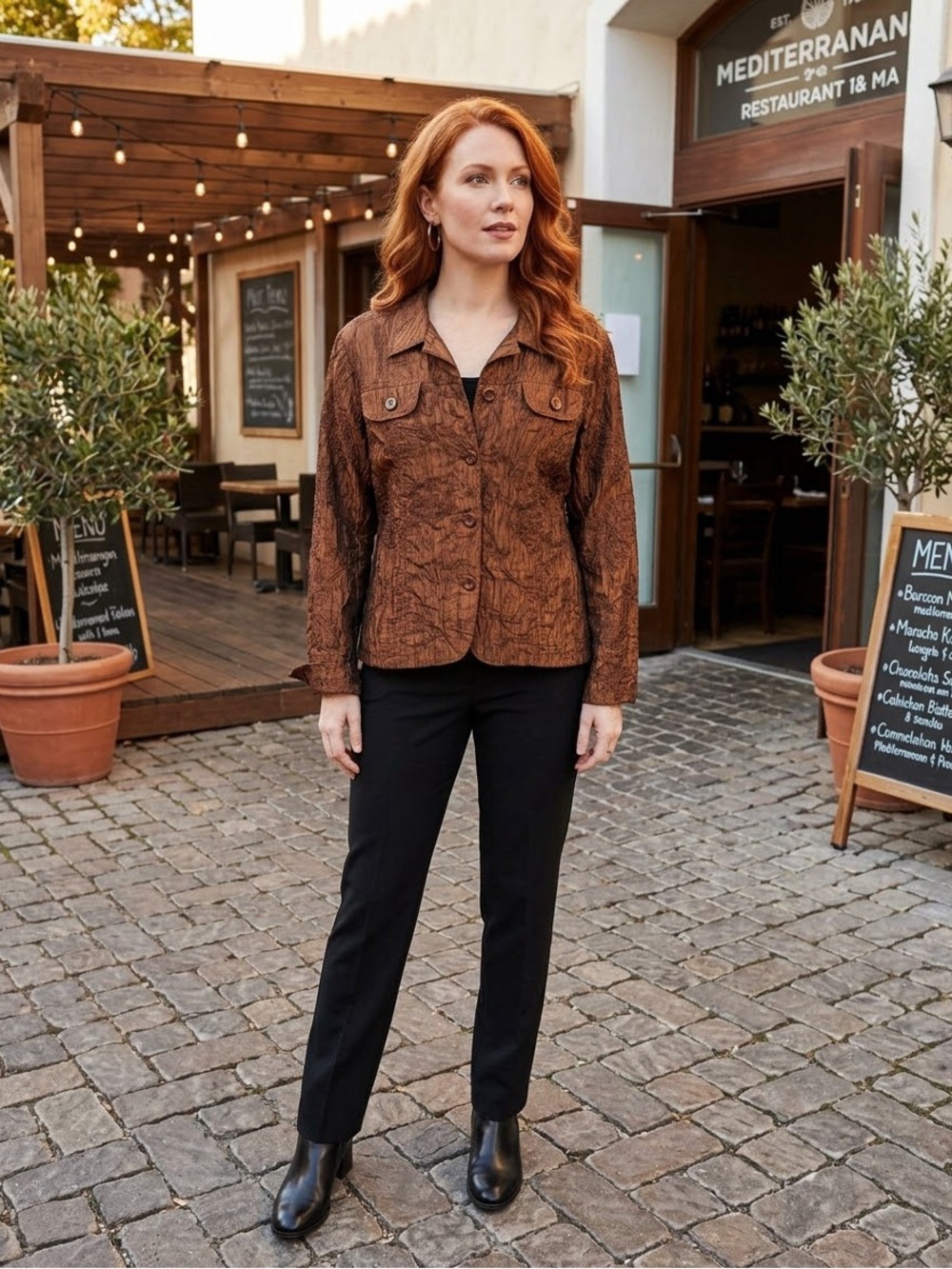 Coldwater Creek Metallic Copper / Bronze Crinkle Embroidered Button-Front Jacket